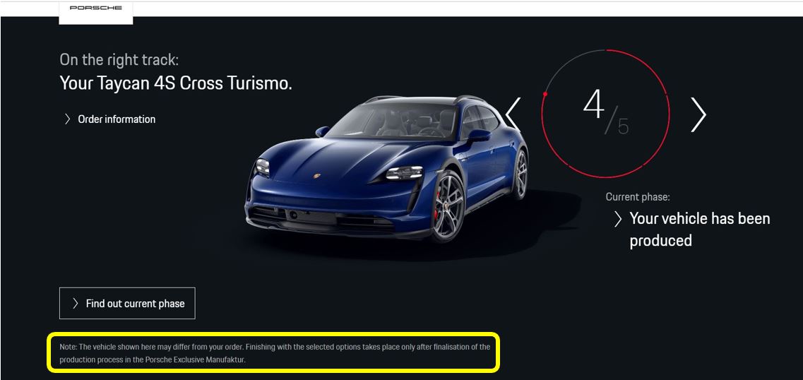 Porsche Taycan My Porsche App not showing correct picture of my car on order ADVICE Stage 4 highlighted.JPG